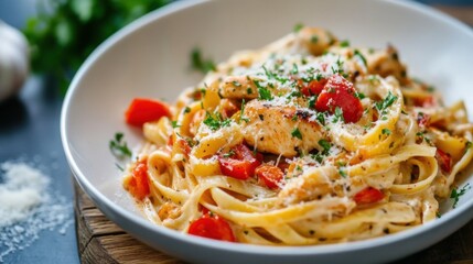 Delicious creamy fettuccine pasta with grilled chicken and fresh vegetables served in a bowl