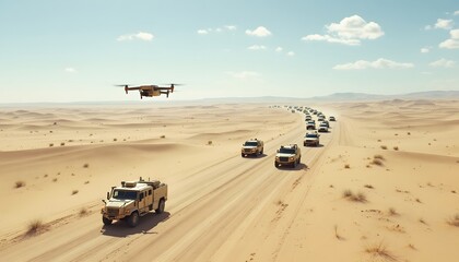 Drone Flying Over Military Convoy in Desert Landscape Under Sunny Sky
