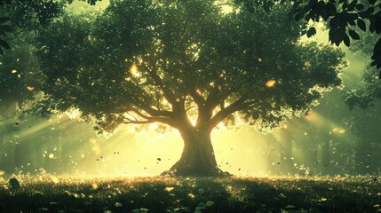 Backlit tree in the middle of the forest. Generative AI illustration