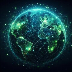 Fototapeta premium Abstract tech Earth Day wallpaper: Network of glowing green and blue lines forming a stylized map of the world on a dark, textured background, representing global connection and environmental data