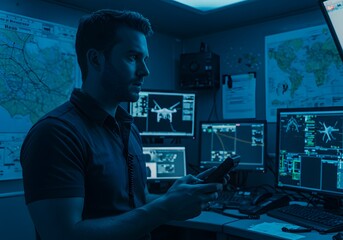 Obraz premium Man Operating Drone Control Room with Computer Screens and Technology