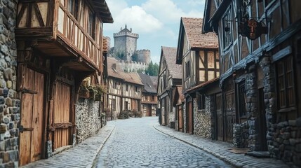Fototapeta premium Narrow cobblestone street lined with timbered medieval homes leading to a towering stone castle. Ideal for fantasy worldbuilding, games, and historical visuals