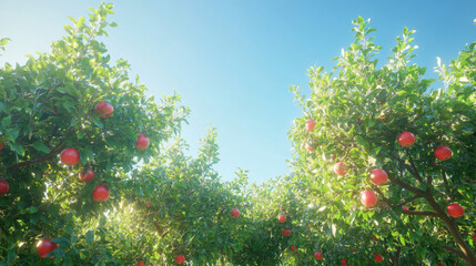 Lush apple trees with red apples against a clear blue sky in an orchard