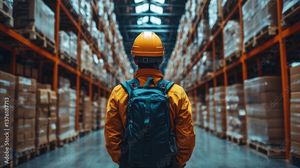 Poster a warehouse worker in a hard hat and backpack stands in an expansive logistics center, observing the