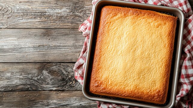Freshly baked sheet cake in a pan. 