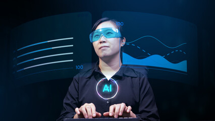 women in black shirt types on a keyboard, with transparent data charts and analytics displayed in a high-tech overlay.