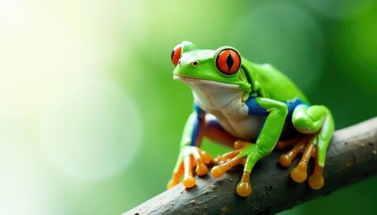 Naklejka premium Green tree frog perched on white, vibrant skin, single, macro, amphibian