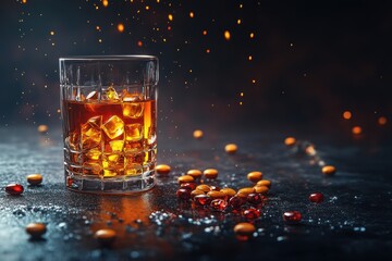 A glass of whiskey with ice cubes surrounded by colorful candy droplets at night