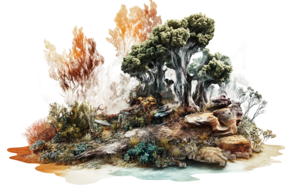 Abstract landscape featuring surreal elements blending natural and imaginative forms isolated on white background PNG