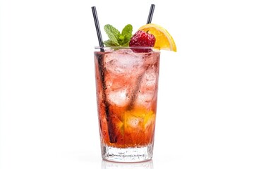 Refreshing Summer Cocktail with Strawberry and Orange Garnish on White