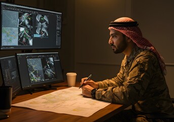 Arab Military Officer Analyzing Data with Maps and Computer Screens Indoors