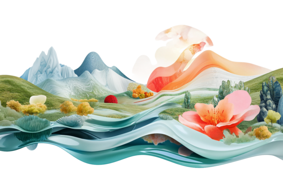 Modern abstract scene highlighting the fusion of realistic landscapes with surreal details isolated on white background PNG