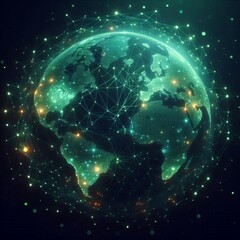  Abstract tech Earth Day wallpaper: Network of glowing green and blue lines forming a stylized map of the world on a dark, textured background, representing global connection and environmental data