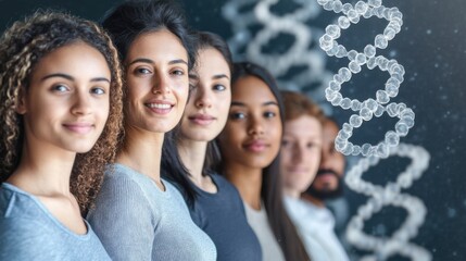 Diverse group of individuals standing together with a DNA model in a scientific setting during a research event