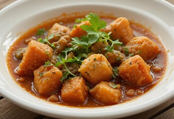 Fototapeta premium A photo of a bowl of Indian paneer butter masala curry dish with rice and naan bread on the side