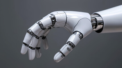 A sleek, futuristic robotic hand extending outward, showcasing intricate design and mechanical joints, symbolizing advanced technology and innovation.
