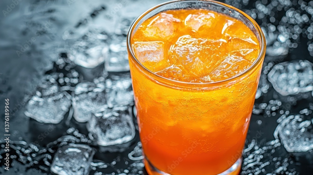 Poster glass of freshly squeezed carrot juice with ice cubes