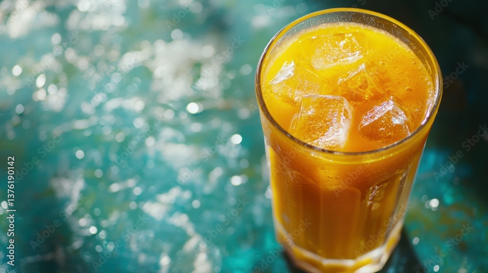 Poster glass of freshly squeezed carrot juice with ice cubes