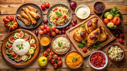 Fototapeta premium A Bountiful Feast of Diverse Cuisines Featuring Various Grains, Roasted Meats, and Vibrant Fresh Produce Arranged on a Rustic Wooden Tabletop