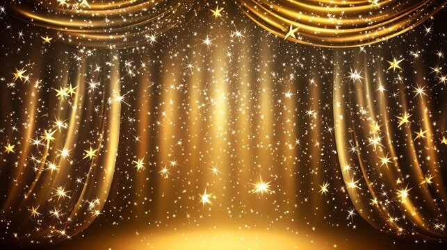 Luxury golden background with shiny drapes and stars silhouette illustration