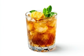 Refreshing Old Fashioned Cocktail with Orange and Mint on Ice