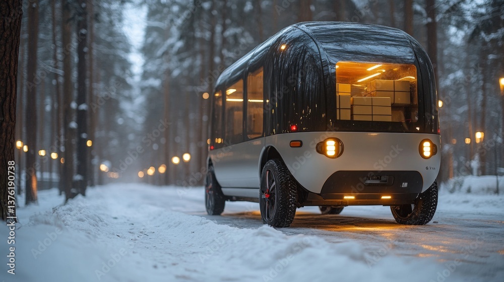 Poster an autonomous delivery vehicle moves through a snowy forest path in the evening, highlighting futuri