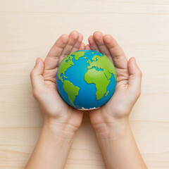 two hands gently cradling an earth planet made out with clay