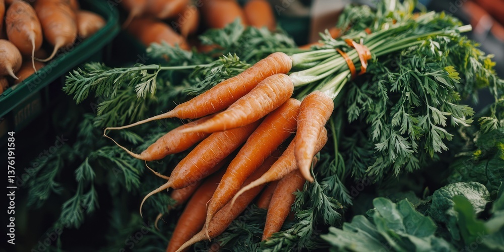 Poster group of fresh carrots in a bundle with leafy tops