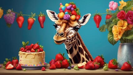 Obraz premium A playful cartoon dinosaur wearing a party hat stands next to a decorated birthday cake on a wooden table in a lush forest setting.