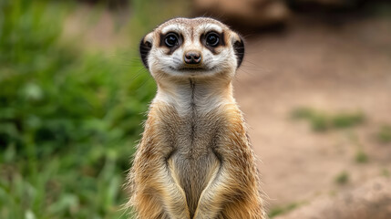 Fototapeta premium Standing meerkat looking directly at camera on natural background.