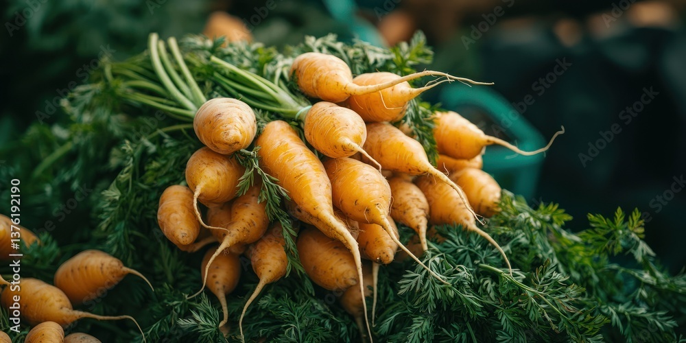 Poster Group of fresh carrots in a bundle with leafy tops 