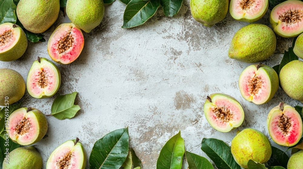 Poster guava fruits neatly arranged on a large neutral background, surrounded by leaves and other natural e