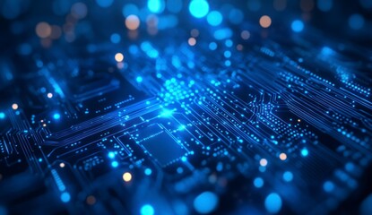 Close-up of Futuristic Electronic Circuit Board with Glowing Light Trails