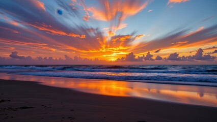 Fototapeta premium A captivating sunset over a beach with radiant colors reflecting on the water.