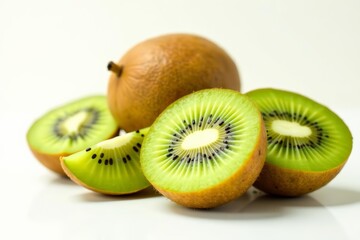 Fresh whole and sliced kiwi fruit on white background with copy space, healthy, white background