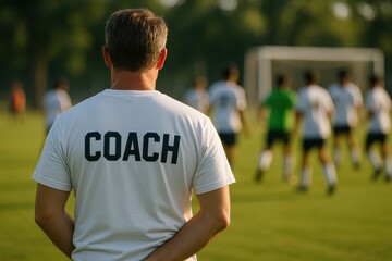 Coach is observing soccer players training on the field