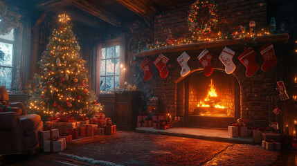 A warm, inviting Christmas scene with a glowing fireplace, a beautifully decorated tree, and presents piled high, creating a magical holiday atmosphere in a rustic cabin setting.