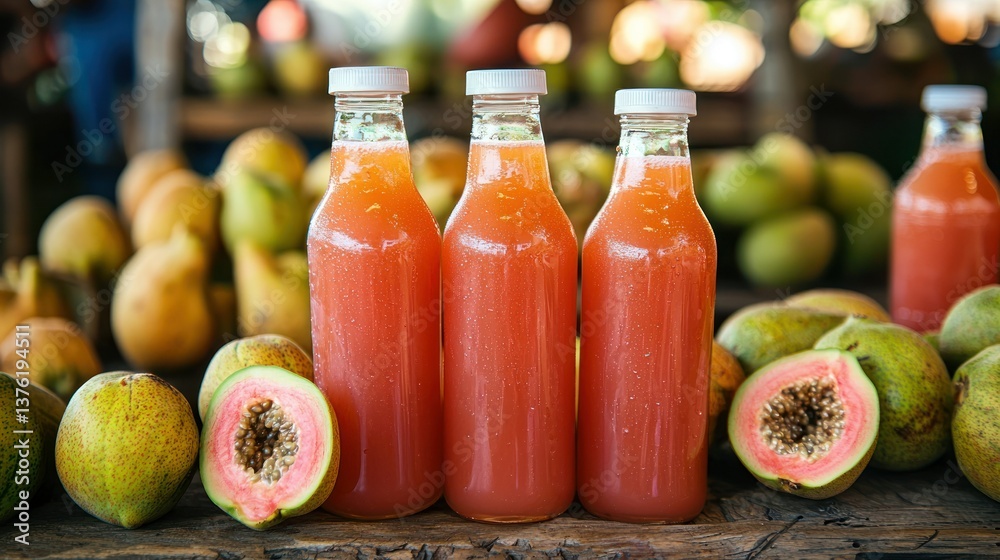 Poster guava juice bottles arranged on a wooden table at an open-air farmerâ€™s market.