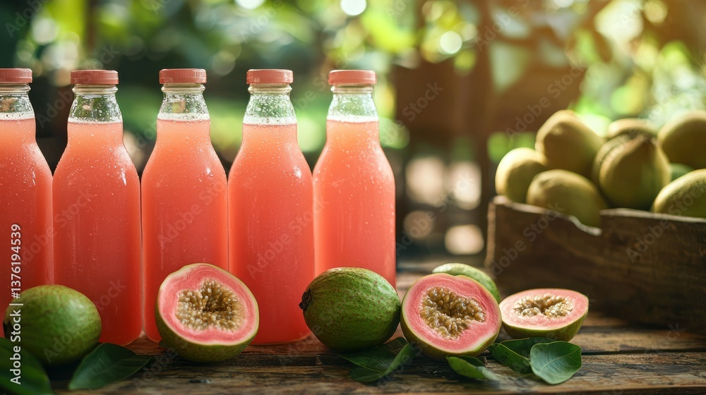 Poster guava juice bottles arranged on a wooden table at an open-air farmerâ€™s market.