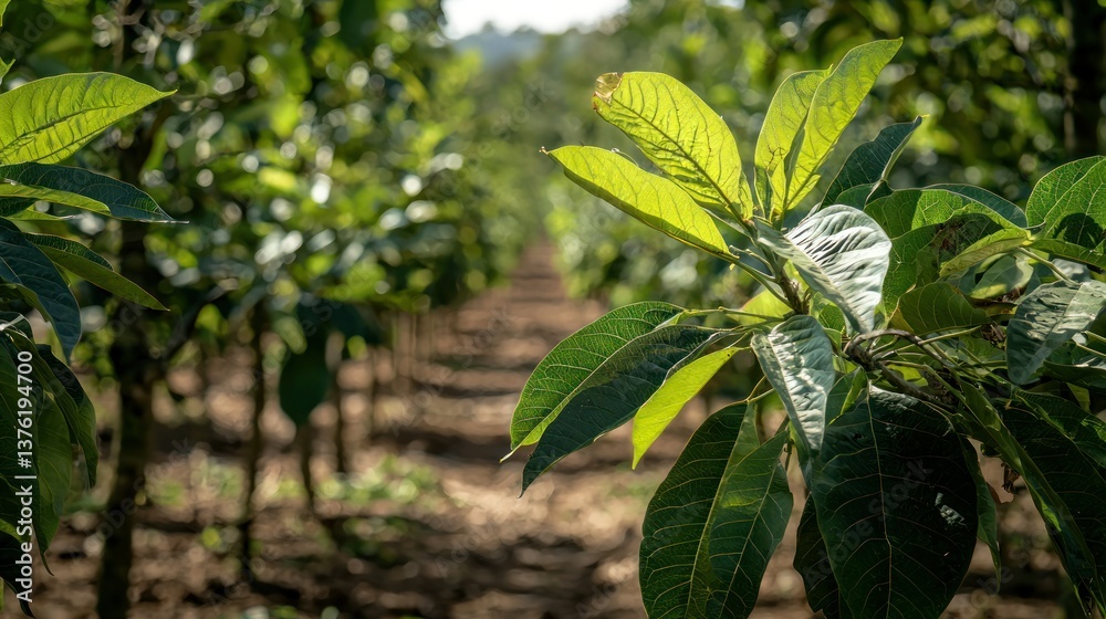 Poster guava leaves on trees in a plantation, captured from a distance with sunlight streaming through.
