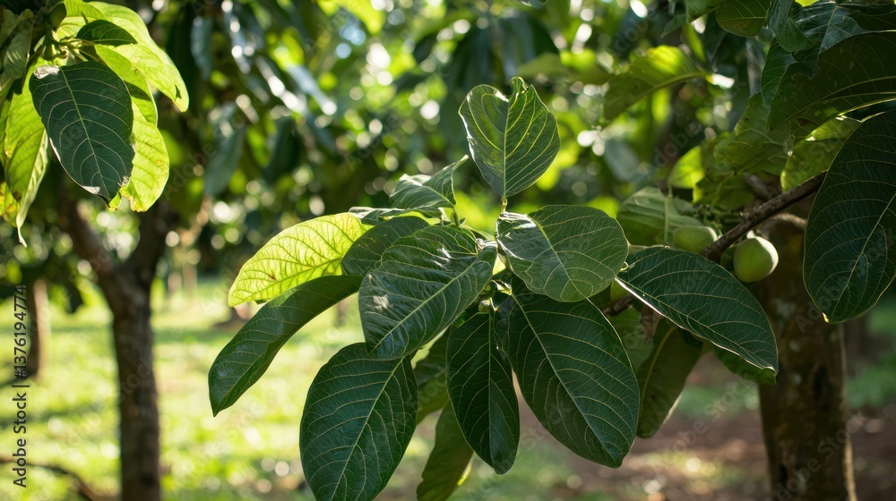 Poster Guava leaves on trees in a plantation, captured from a distance with sunlight streaming through. 