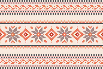Flower Cross Stitch design pattern background.Embroidery ethnic oriental pixel art pattern.Aztec style,abstract background vector illustration.design for texture,fabric,clothing,print