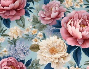 Shabby Chic Floral Classic Seamless Print with Peonies, Roses, Asters,