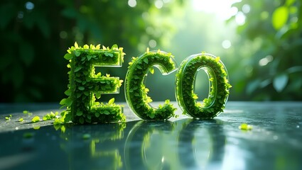 Eco word, text made out of glass and leaves, promoting green ecology, preservation, sustainable future, conservation of biodiversity and green energy