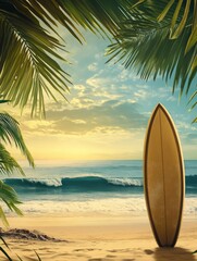Surfboard on Tropical Beach at Sunset with Palm Trees and Ocean