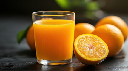 Freshly squeezed orange juice with ripe oranges on a dark surface