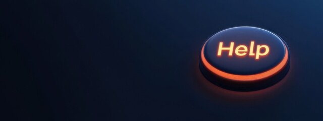 Button labeled Help illuminated in a dark background illustrating a call for assistance in a digital context