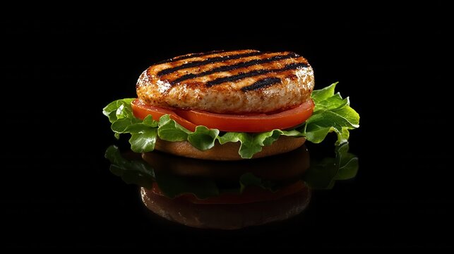 A juicy grilled chicken burger with fresh lettuce and tomato slices on a sleek black background, emphasizing the contrasting colors and textures , #healthy, #burger illustration - Powered by Adobe