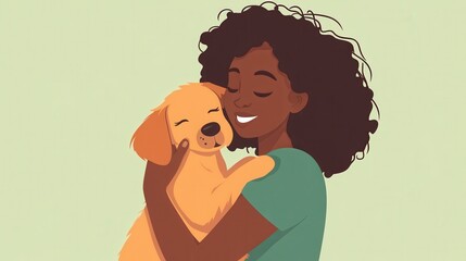 African American young woman embracing her dog. Pleased happy Afro girl gets lovely puppy, plays and embraces four legged friend with love Woman hugs dog. Humans and pets illustration