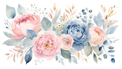 Watercolor Pink Roses Bouquet clipart, Elegant Floral Corner Arrangement, Blush Rose Botanical Composition, roses bouquet cliparts, watercolor floral illustrations